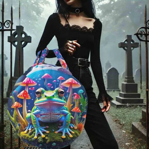 Conceptual Subculture Handbags - Psychedelic Mushroom Frog Gigantic Round Tote Huge Canvas Circle Bag 3D Festival